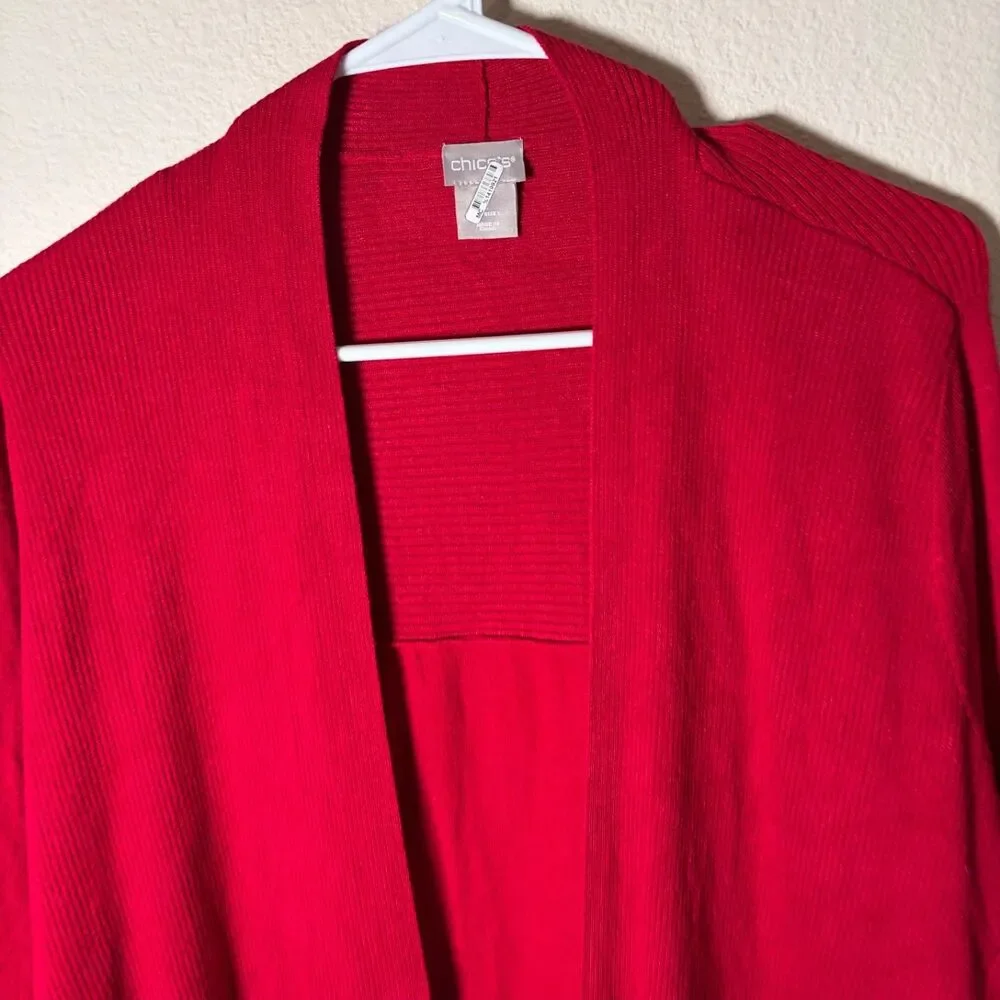 Chico's Cardigan Sweater Women's 2 Large Red Ribbed Open Knit Casual